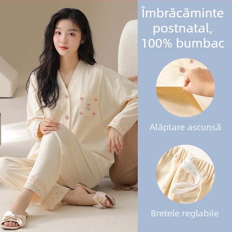 Set pijamale maternitate și alăptare – bumbac 100%, stil kimono, mâneci lungi, top cu pantaloni, greutate medie 181–200 g/m2