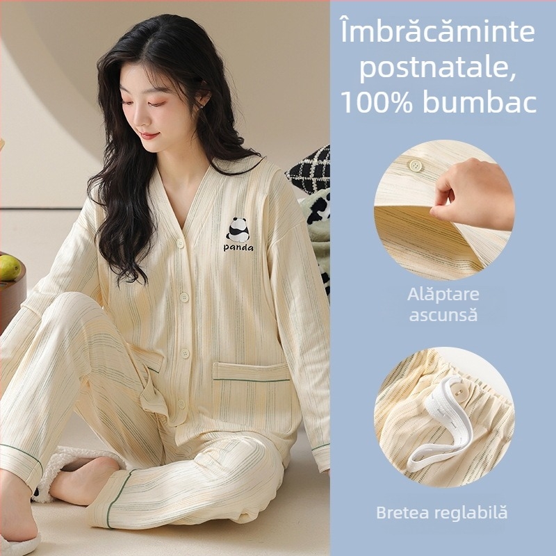 Set pijamale maternitate și alăptare – bumbac 100%, stil kimono, mâneci lungi, top cu pantaloni, greutate medie 181–200 g/m2