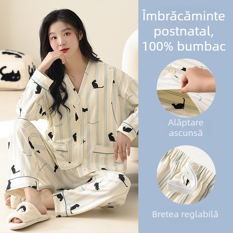 Set pijamale maternitate și alăptare – bumbac 100%, stil kimono, mâneci lungi, top cu pantaloni, greutate medie 181–200 g/m2