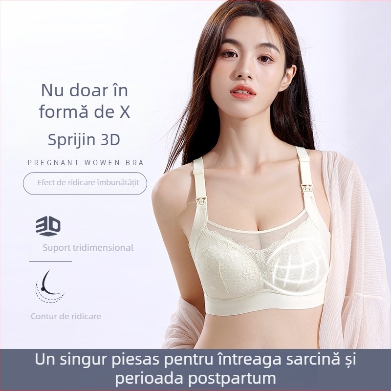 Sutien de alăptare cu deschidere frontală, cupe subțiri turnate, bretele detașabile dublu, dantelă decorativă, închidere spate cu patru rânduri de cârlige