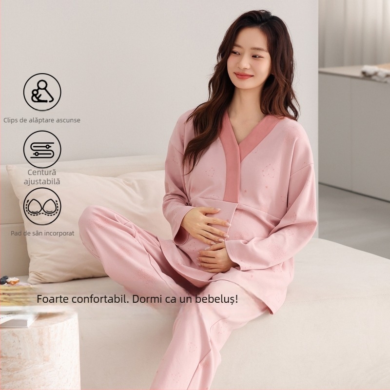 Pijamă pentru femei, toamnă–iarna, din bumbac 95% și elastan 5%, cu insertii pentru sâni, decolteu în V, pentru sarcină și alăptare
