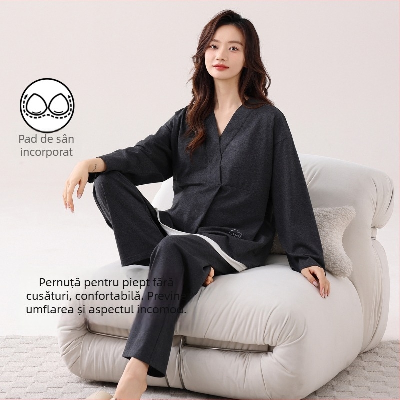 Pijamă pentru femei, toamnă–iarna, din bumbac 95% și elastan 5%, cu insertii pentru sâni, decolteu în V, pentru sarcină și alăptare