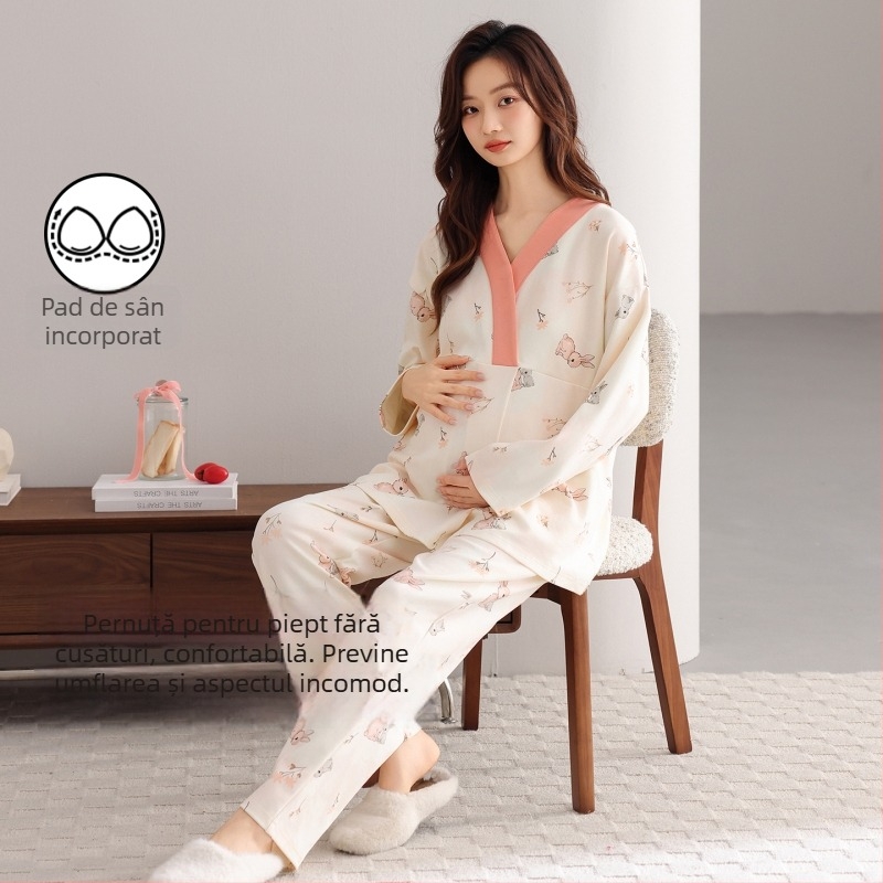 Pijamă pentru femei, toamnă–iarna, din bumbac 95% și elastan 5%, cu insertii pentru sâni, decolteu în V, pentru sarcină și alăptare