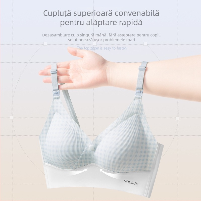 Sutien de maternitate pentru alăptare cu bretele fixe, cupe modelate subțiri, închidere la spate cu trei rânduri de cârlige, nailon cu căptușeală de spandex sub 30%, panouri laterale late pentru evitarea revărsării