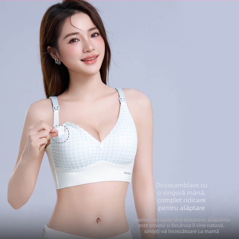 Sutien de maternitate pentru alăptare cu bretele fixe, cupe modelate subțiri, închidere la spate cu trei rânduri de cârlige, nailon cu căptușeală de spandex sub 30%, panouri laterale late pentru evitarea revărsării