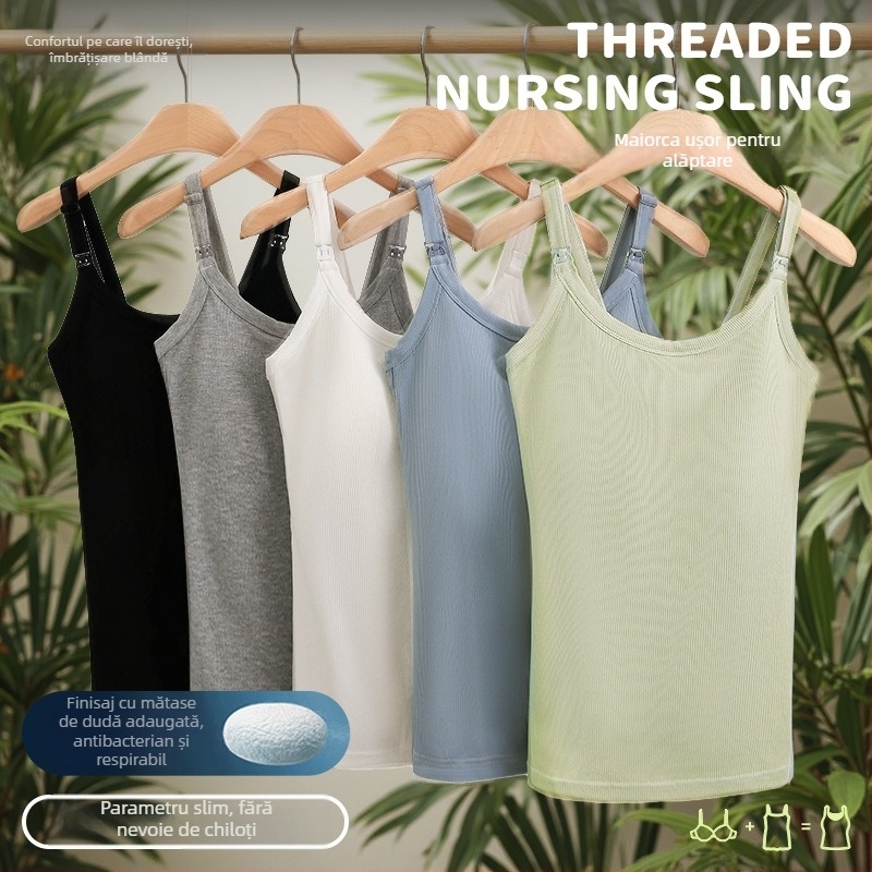 Top de alăptare trei în unu cu căptușeală de mătase, fără sutien, pentru maternitate, tricot cu model rib