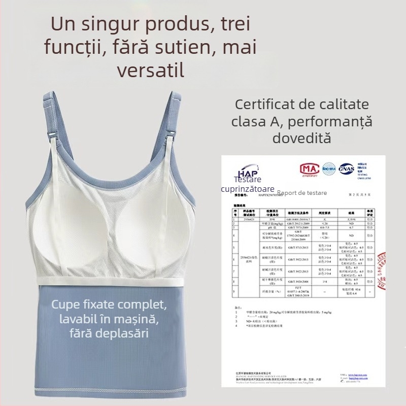 Top de alăptare trei în unu cu căptușeală de mătase, fără sutien, pentru maternitate, tricot cu model rib