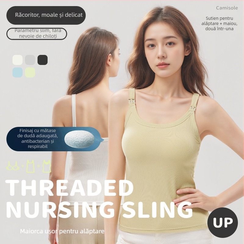 Top de alăptare trei în unu cu căptușeală de mătase, fără sutien, pentru maternitate, tricot cu model rib