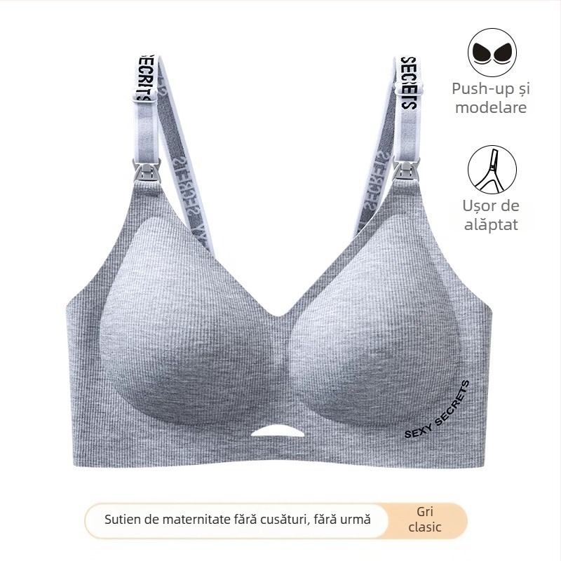 Sutien de alăptare pentru sarcină, material antibacterian 7A, fără sârmă metalică, cupă completă, bretele detașabile, închidere la spate cu patru rânduri