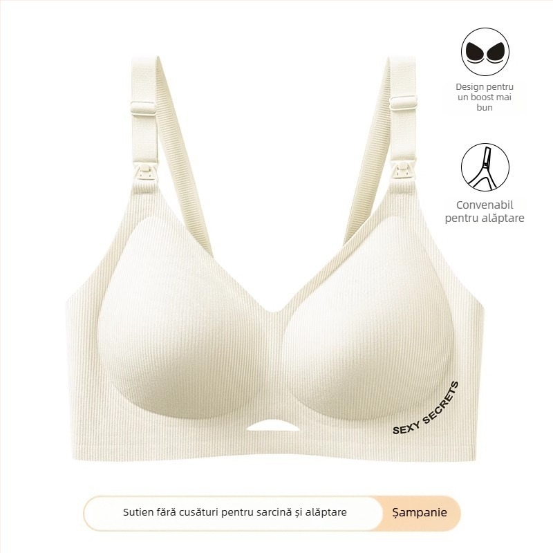 Sutien de alăptare pentru sarcină, material antibacterian 7A, fără sârmă metalică, cupă completă, bretele detașabile, închidere la spate cu patru rânduri
