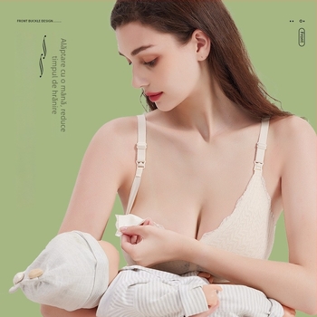 Sutien de alăptare cu dantelă, material nylon, cupe ușor modelate, bretele fixe duble, susținere pentru lactație.