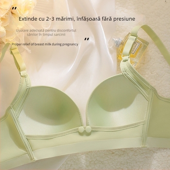 Sutien de alăptare fără arc, închidere frontală, model subțire; material principal nylon 70–80%, căptușeală spandex <30%, bretele fixe dublu, potrivit pentru toate etapele alăptării