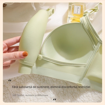 Sutien de alăptare fără arc, închidere frontală, model subțire; material principal nylon 70–80%, căptușeală spandex <30%, bretele fixe dublu, potrivit pentru toate etapele alăptării