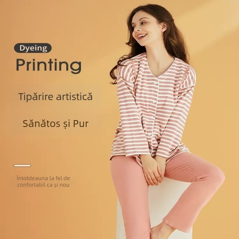 Set de pijamale postpartum din bumbac pentru alăptat, în stil japonez; 90–95% bumbac; mâneci lungi; pantaloni; grosime 251–300 g/m²