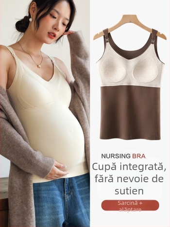 Top de bază de maternitate pentru alăptare, fără mâneci, decolteu în V, căptușit cu fleece, poliester cu elastan