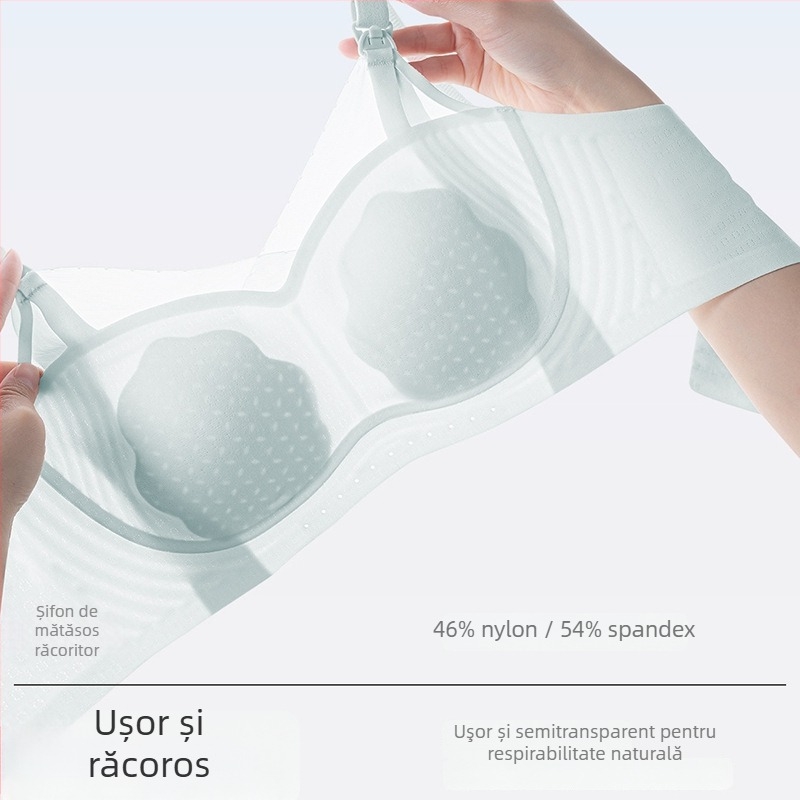Sutien de alăptat Cat. A Peach Blossom Cup, design ușor de vară, material nylon, cupe turnate ultra-subțiri, închidere spate cu patru rânduri de cârlige, bretele fixe duble, potrivit pentru toate etapele sarcinii și alăptării