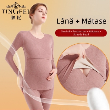 Bluza termică pentru gravide cu gât rotund, pentru alăptare, set pantaloni toamnă-iarnă; 70–80% poliester, mâneci lungi, țesătură groasă 201–250 g/m²