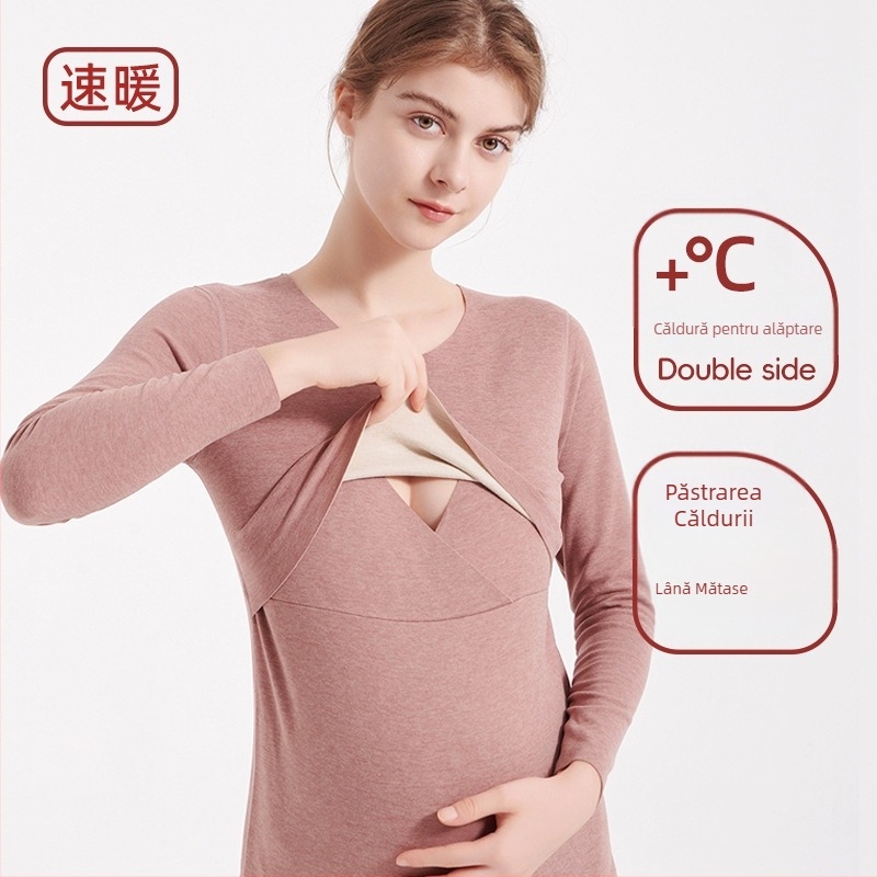 Bluza termică pentru gravide cu gât rotund, pentru alăptare, set pantaloni toamnă-iarnă; 70–80% poliester, mâneci lungi, țesătură groasă 201–250 g/m²
