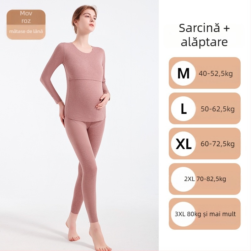 Bluza termică pentru gravide cu gât rotund, pentru alăptare, set pantaloni toamnă-iarnă; 70–80% poliester, mâneci lungi, țesătură groasă 201–250 g/m²