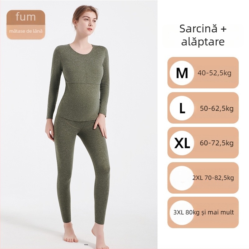 Bluza termică pentru gravide cu gât rotund, pentru alăptare, set pantaloni toamnă-iarnă; 70–80% poliester, mâneci lungi, țesătură groasă 201–250 g/m²