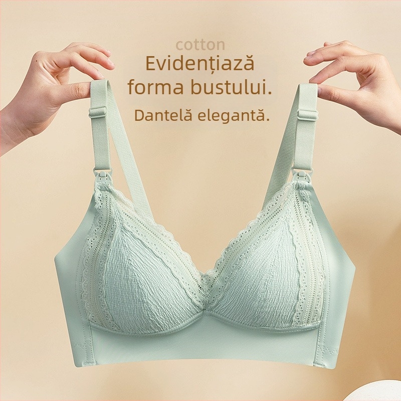 Sutien de alăptare din bumbac pentru sarcină și perioada postnatală, cupe preformate subțiri, design dantelat, fără inele de oțel, bretele fixe duble, închidere posterior cu patru rânduri de cârlige