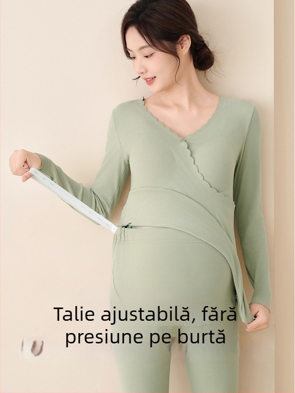 Set de pijamale pentru mame însărcinate cu top cu mâneci lungi și pantaloni, deschidere pentru alăptare, poliester, iarnă 2024