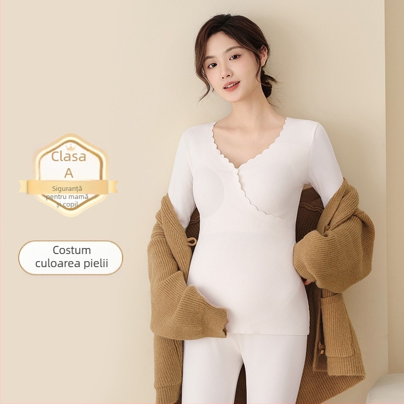 Set de pijamale pentru mame însărcinate cu top cu mâneci lungi și pantaloni, deschidere pentru alăptare, poliester, iarnă 2024
