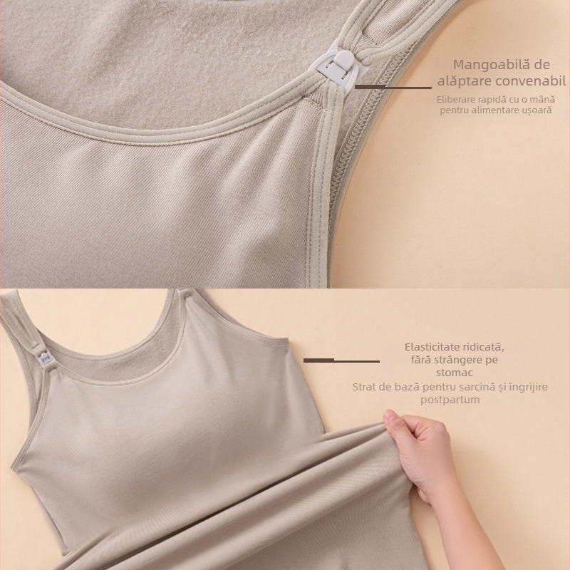 Top de alăptare toamnă-iarnă, cupe fixate, într-o singură piesă, din viscose, căptușit cu fleece, bretele duble, pentru gravide și alăptare