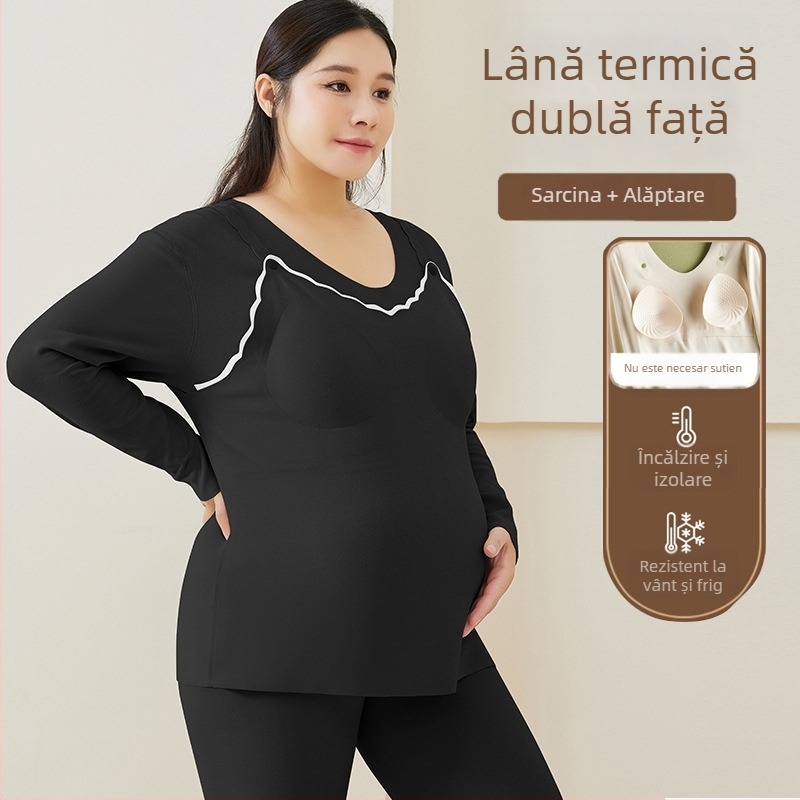 Top de maternitate călduros, căptușit cu fleece pentru alăptare, mâneci lungi, guler rotund, mărime mare