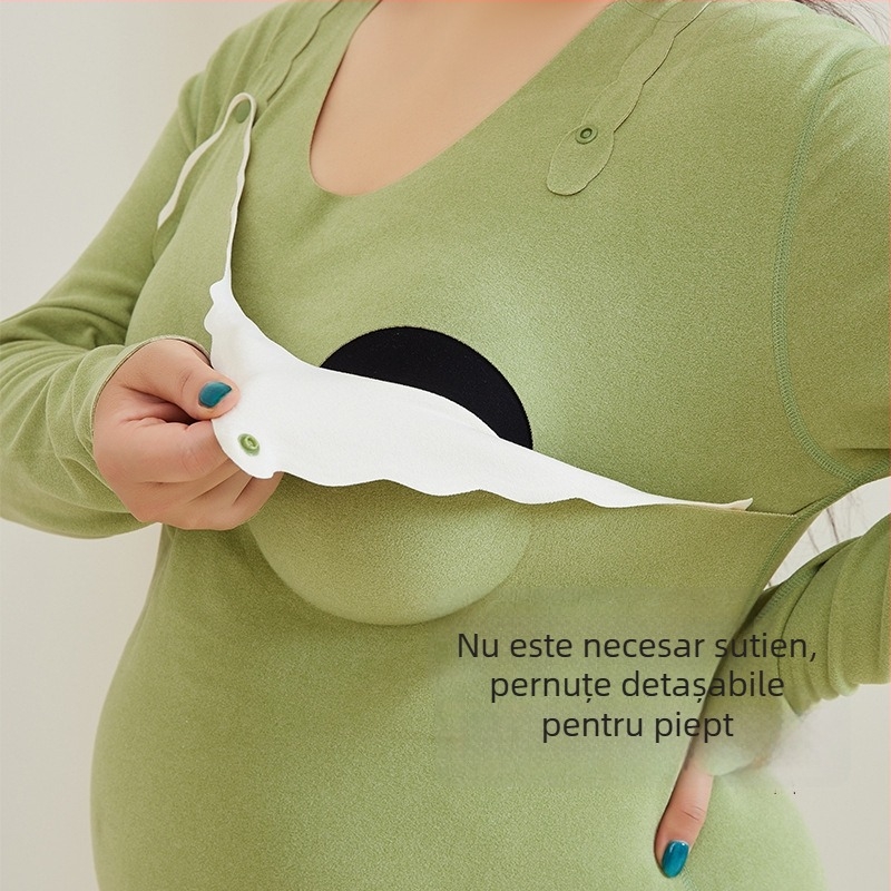 Top de maternitate călduros, căptușit cu fleece pentru alăptare, mâneci lungi, guler rotund, mărime mare