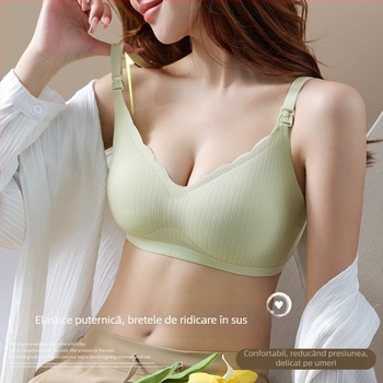 Sutien de alăptare cu nasture superior, fără sârmă, cupe subțiri modelate, material nylon, bretele fixe, închidere spate cu trei rânduri, pentru sarcină și postpartum