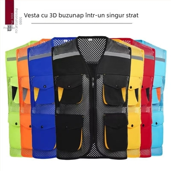Vestă din plasă de pescuit pentru voluntari, cu logo imprimat, respirabilă, reflectorizantă, închidere cu fermoar, potrivită pentru toate anotimpurile