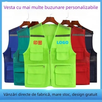 Vestă din plasă de pescuit pentru voluntari, cu logo imprimat, respirabilă, reflectorizantă, închidere cu fermoar, potrivită pentru toate anotimpurile