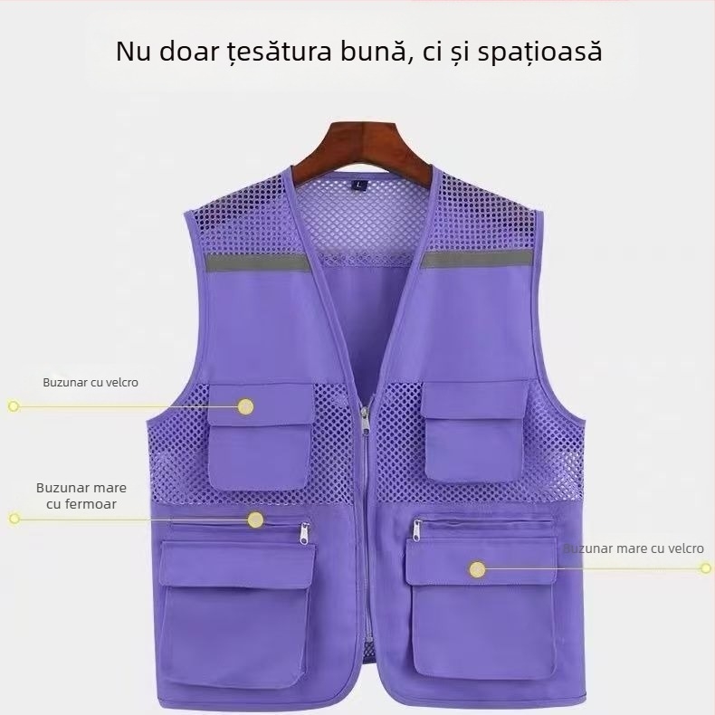 Vestă din plasă de pescuit pentru voluntari, cu logo imprimat, respirabilă, reflectorizantă, închidere cu fermoar, potrivită pentru toate anotimpurile