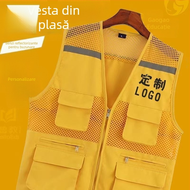 Vestă din plasă de pescuit pentru voluntari, cu logo imprimat, respirabilă, reflectorizantă, închidere cu fermoar, potrivită pentru toate anotimpurile
