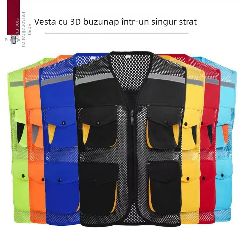 Vestă din plasă de pescuit pentru voluntari, cu logo imprimat, respirabilă, reflectorizantă, închidere cu fermoar, potrivită pentru toate anotimpurile