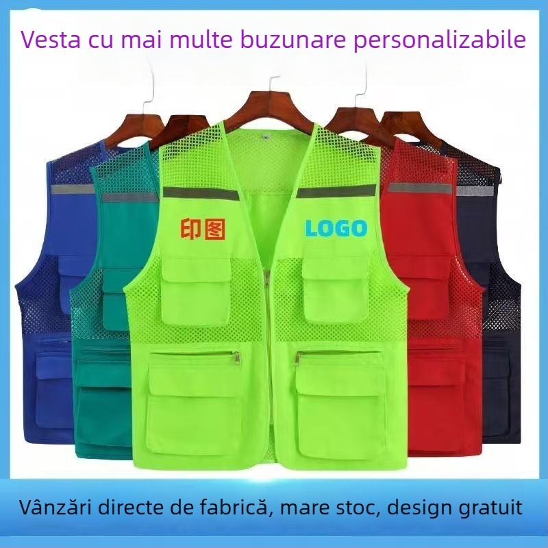 Vestă din plasă de pescuit pentru voluntari, cu logo imprimat, respirabilă, reflectorizantă, închidere cu fermoar, potrivită pentru toate anotimpurile