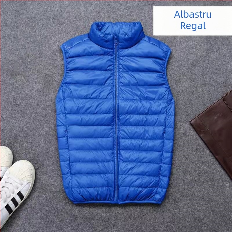 Vesta de puf pentru bărbați, ușoară, guler înalt, fermoar frontal, țesătură exterioară din poliester, căptușeală din acetat