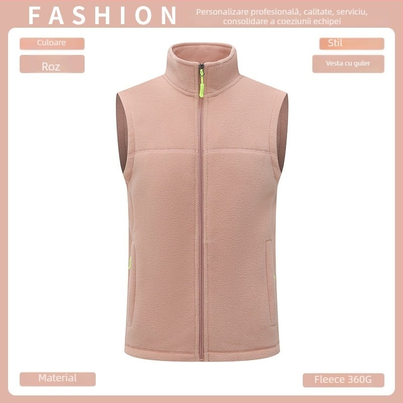Vestă din fleece, groasă, culoare solidă, fermoar frontal, fără glugă, croială lejeră