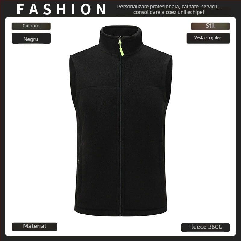 Vestă din fleece, groasă, culoare solidă, fermoar frontal, fără glugă, croială lejeră