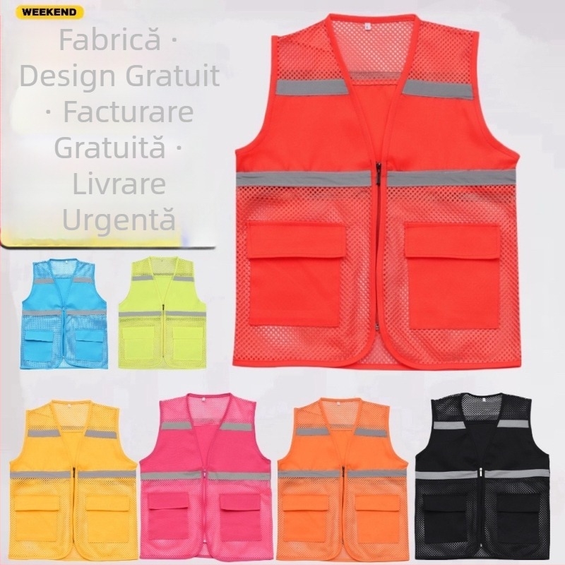 Vesta reflectorizantă cu logo pentru voluntari și curieri – model decupat, fermoar, croială lejeră, potrivită pentru toate anotimpurile, benzi reflectorizante