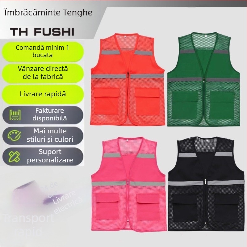 Vesta reflectorizantă cu logo pentru voluntari și curieri – model decupat, fermoar, croială lejeră, potrivită pentru toate anotimpurile, benzi reflectorizante