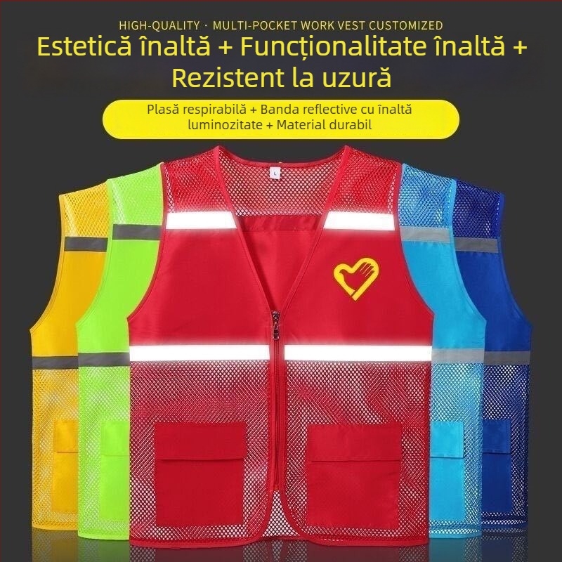 Vesta reflectorizantă cu logo pentru voluntari și curieri – model decupat, fermoar, croială lejeră, potrivită pentru toate anotimpurile, benzi reflectorizante