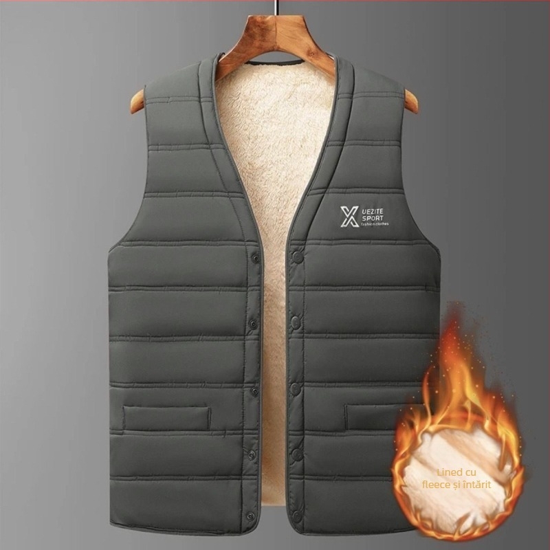 Vesta bărbătească din lână corduroy, cu glugă, căptușită cu fleece, umplutură din bumbac, lungime talie, stil lejer