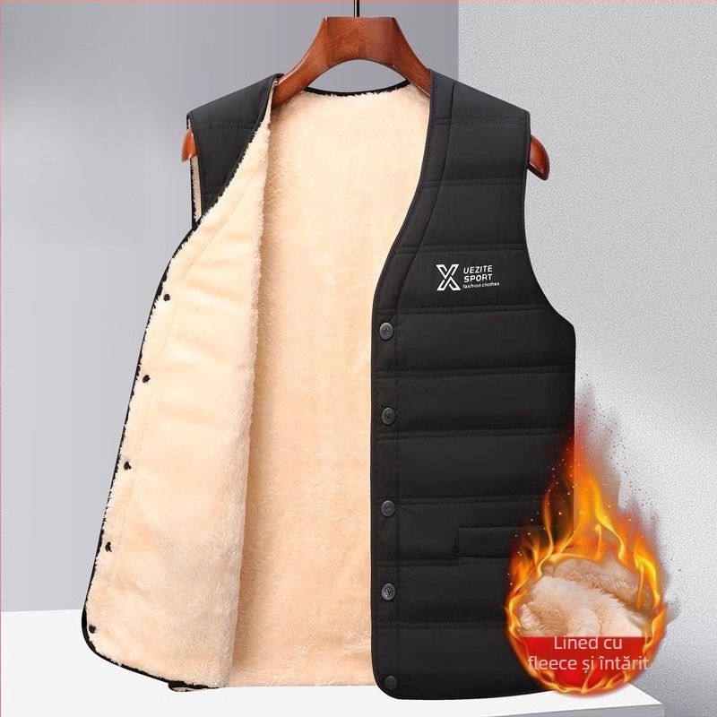 Vesta bărbătească din lână corduroy, cu glugă, căptușită cu fleece, umplutură din bumbac, lungime talie, stil lejer