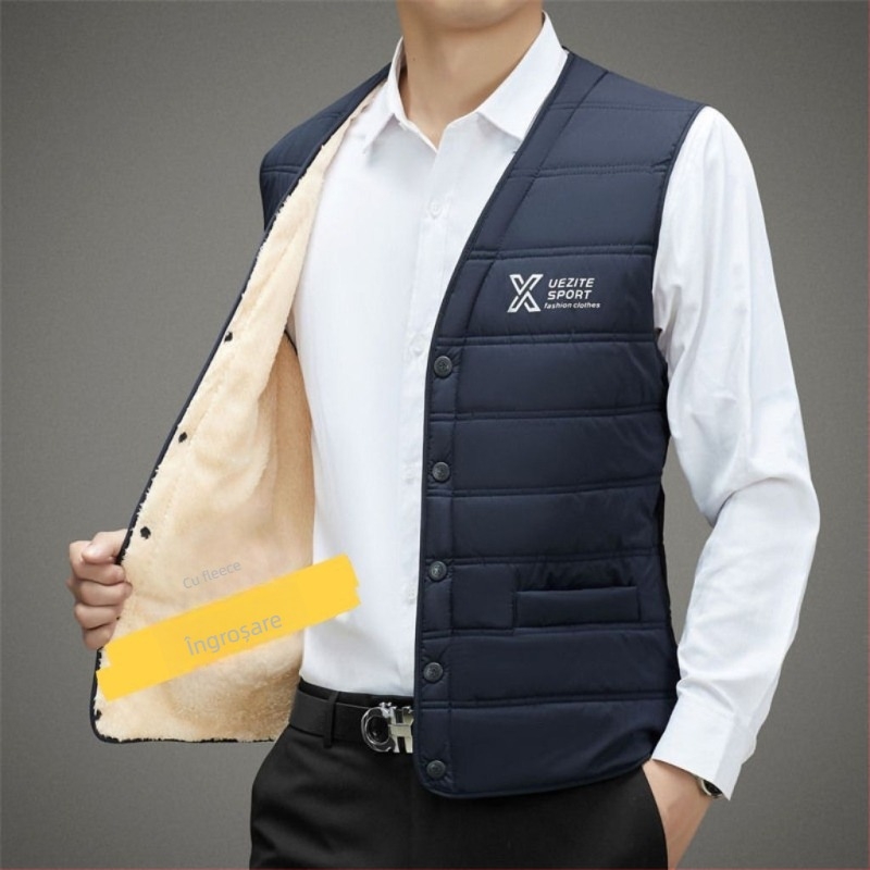 Vesta bărbătească din lână corduroy, cu glugă, căptușită cu fleece, umplutură din bumbac, lungime talie, stil lejer