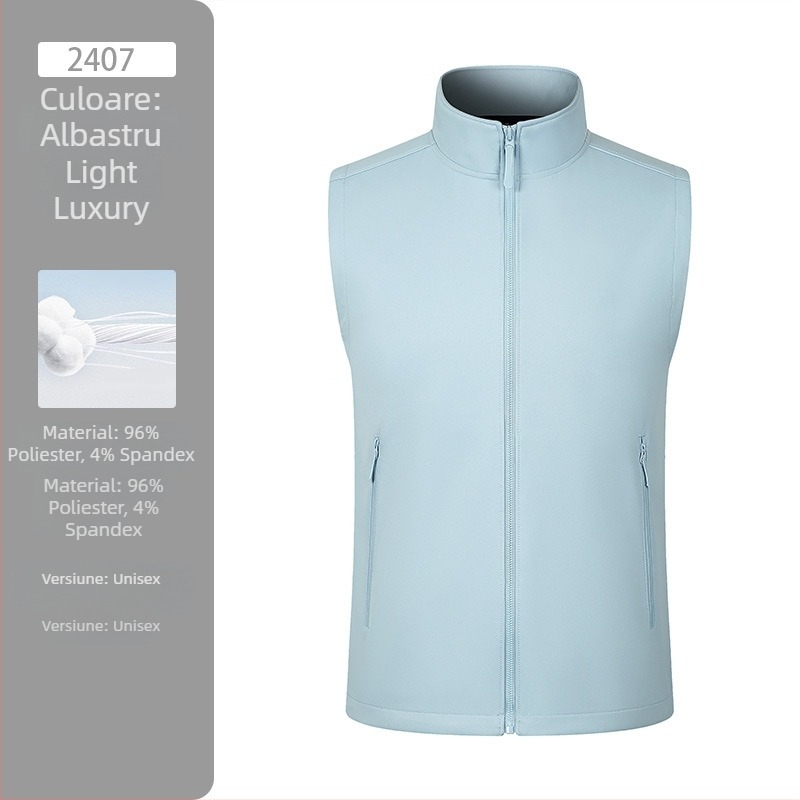 Vestă de lucru pentru exterior, căptușită cu fleece, model solid, închidere cu fermoar, fără glugă, 100% poliester