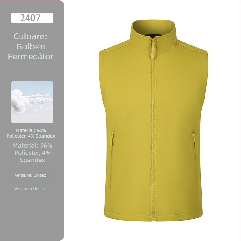 Vestă de lucru pentru exterior, căptușită cu fleece, model solid, închidere cu fermoar, fără glugă, 100% poliester