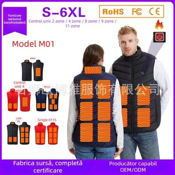 Vestă încălzită USB pentru bărbați, cu guler înalt și fermoar, poliester, buzunar interior cu conector USB pentru power bank, 3 niveluri de încălzire (35-55°C)