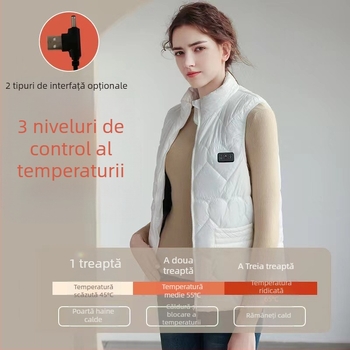 Vesta încălzită cu USB, căptușită din poliester, guler înalt, fermoar frontal, fără glugă